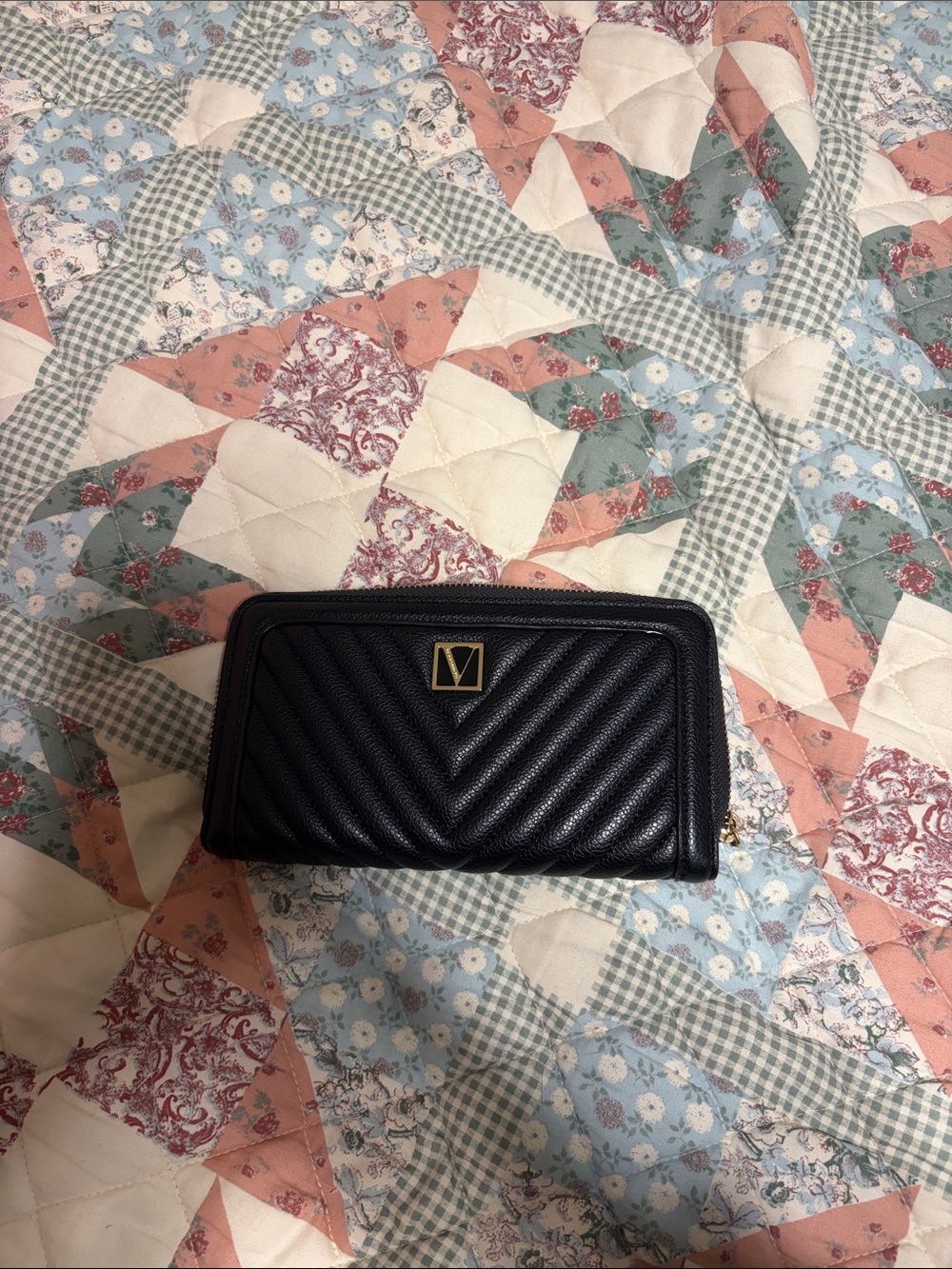 Victoria's Secret Black Quilted Zip-Around Wallet with Gold V Emblem